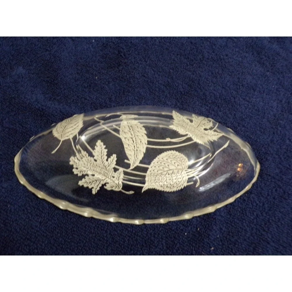 Vintage MCM Overlay‎ Glass Serving Dish w/Silver Scalloped Edge and Leaf Overlay